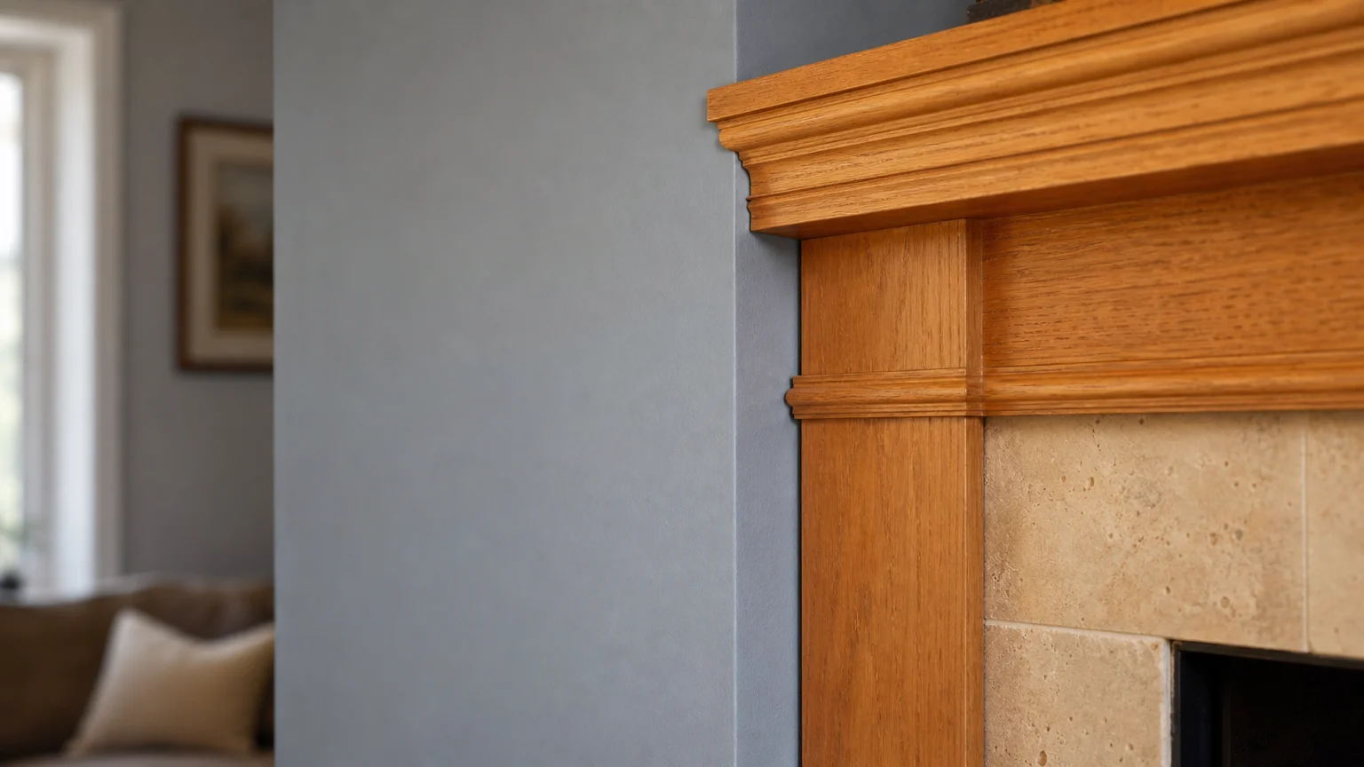 A close-up photograph of a cool blue-gray wall clashing with a warm golden oak fireplace mantel.