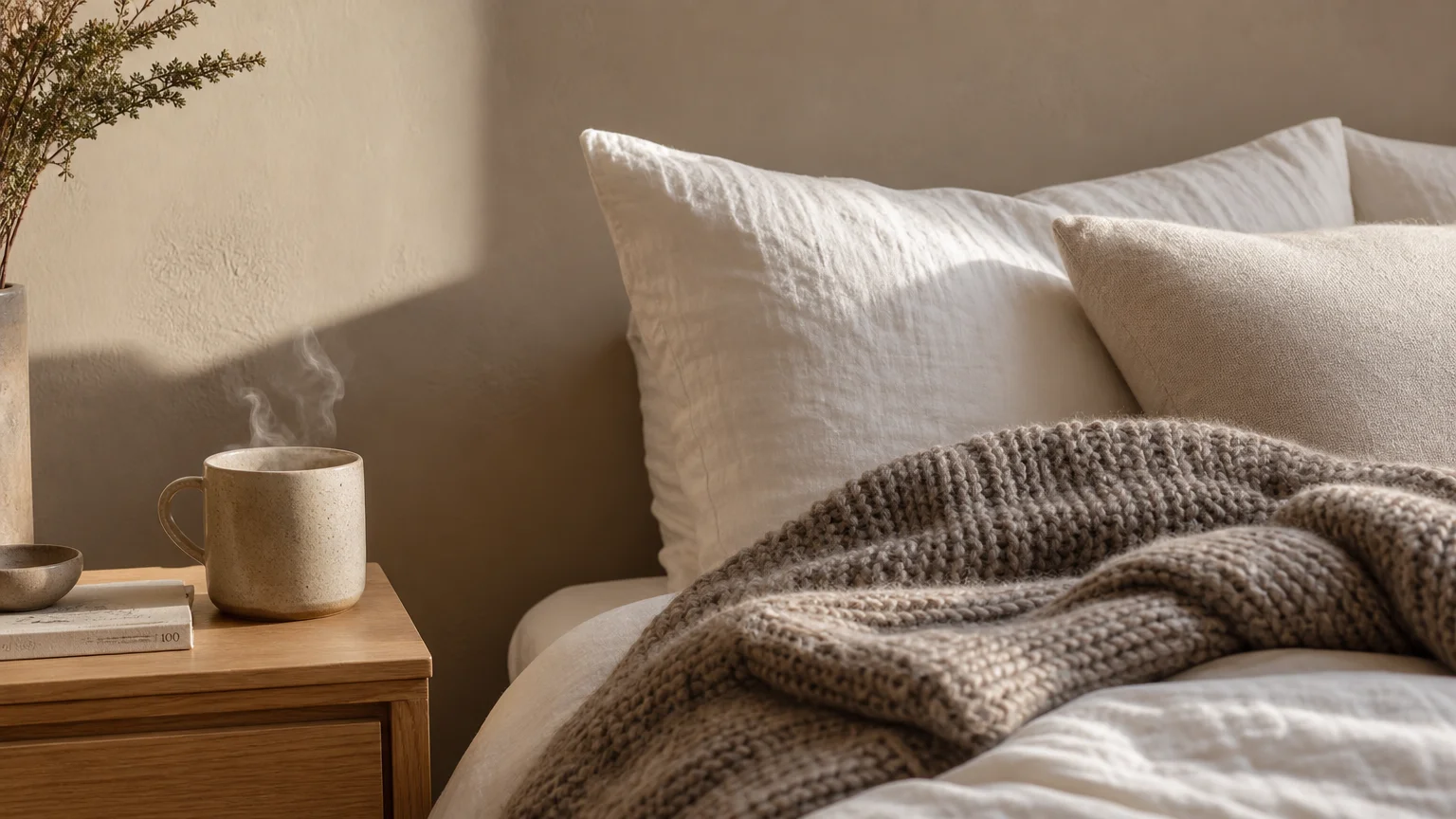 A close-up photograph of a cozy bed with a mushroom cashmere knit blanket against a warm cashmere taupe wall.