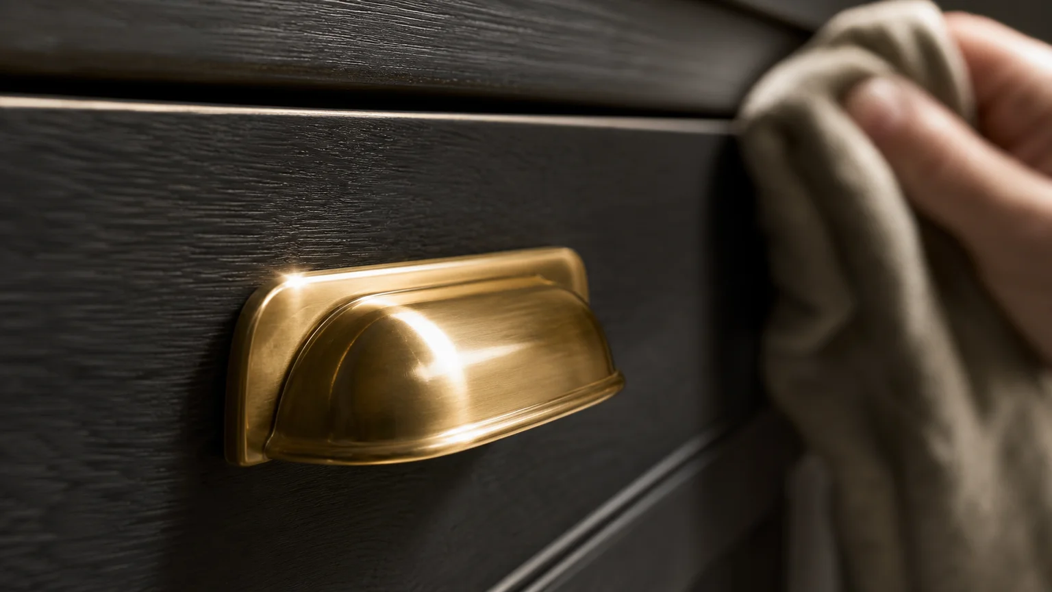 A close-up photograph of a gleaming, polished brass cabinet handle on a dark wood drawer, catching bright natural light.