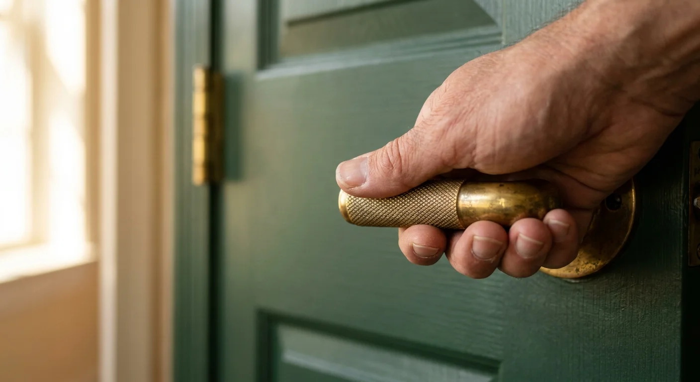 A close-up photograph of a hand pressing a brass lever door handle with a diamond-patterned knurled grip.