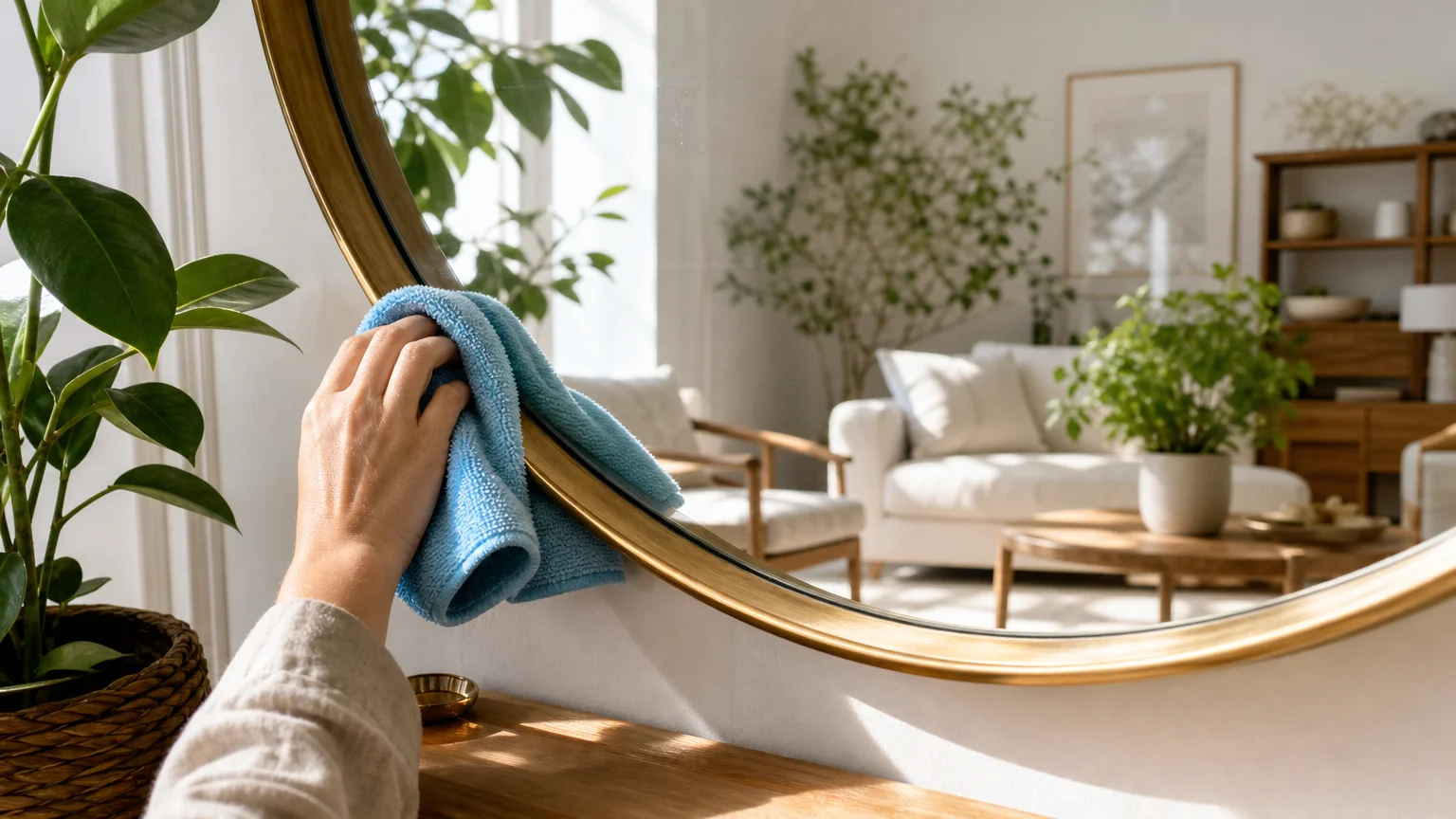 A close-up photograph of a hand wiping a large brass-framed mirror with a microfiber cloth, reflecting a bright, plant-filled room.