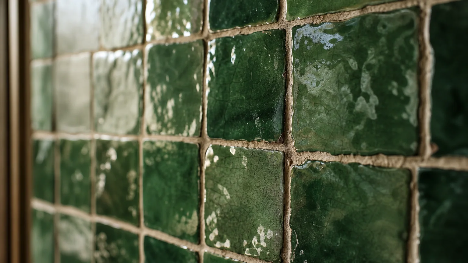 A close-up photograph of glossy, deep emerald green Moroccan Zellige tiles with irregular handmade textures.