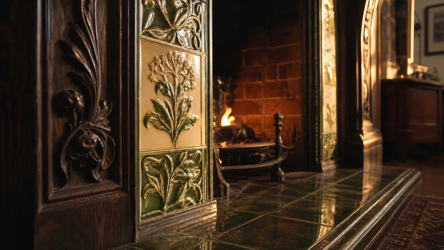 A close-up photograph of glossy forest green and cream glazed fireplace tiles embedded in a carved dark wood mantelpiece.