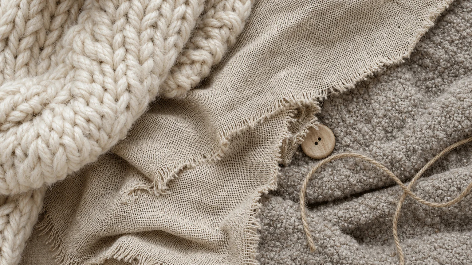 A collage of layered fabric swatches including chunky wool, linen, and bouclé in monochromatic neutral tones.
