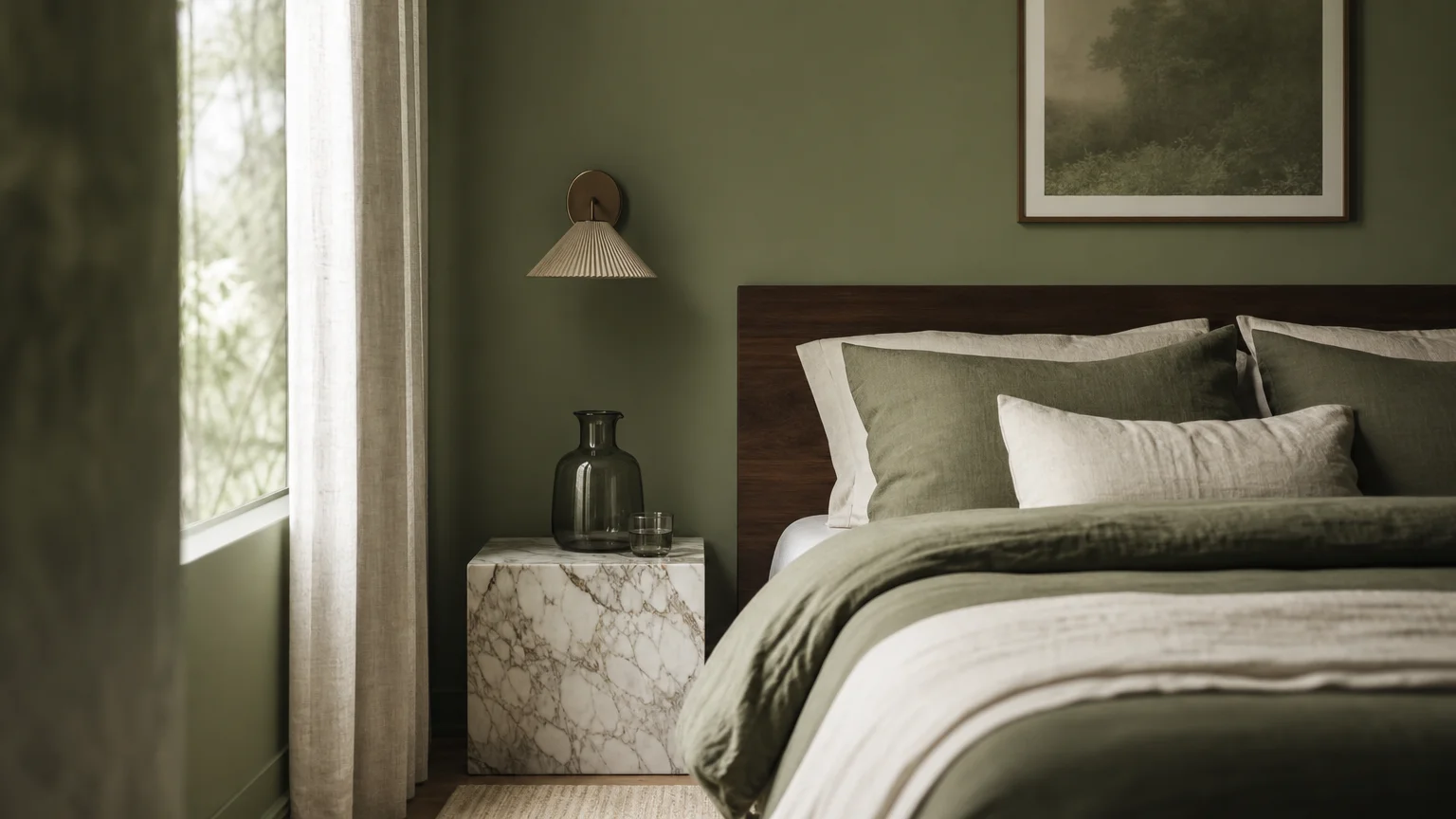 A color-drenched bedroom with sage green walls, olive linen bedding, a dark walnut headboard, and a Calacatta marble nightstand.