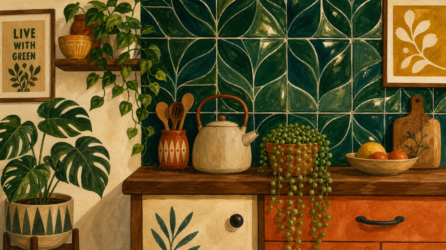 A colorful gouache illustration of a kitchen corner with leaf-patterned green backsplash tiles and lush houseplants.