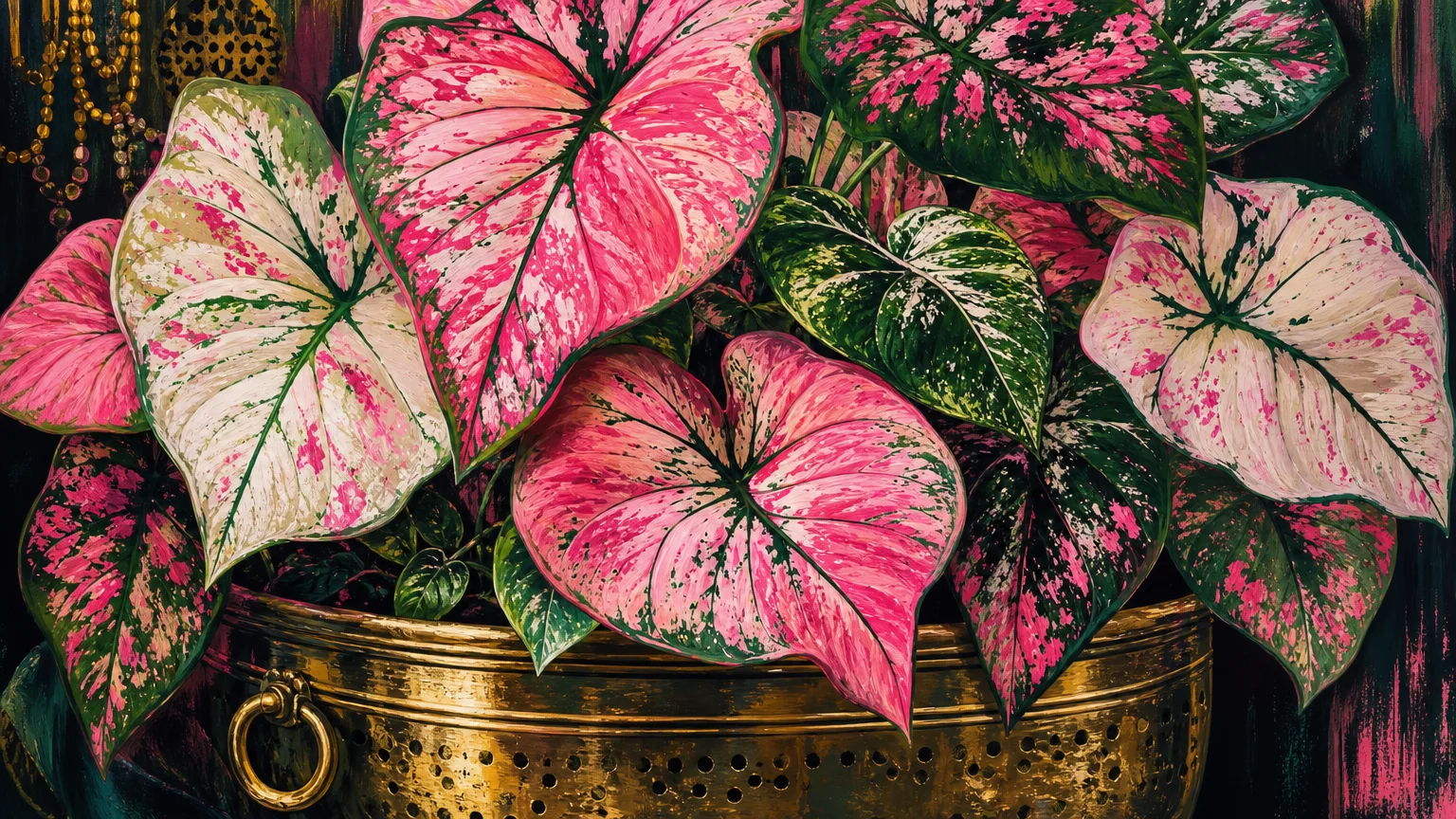 A colorful gouache painting of heart-shaped caladium leaves in shades of pink, white, and emerald green.