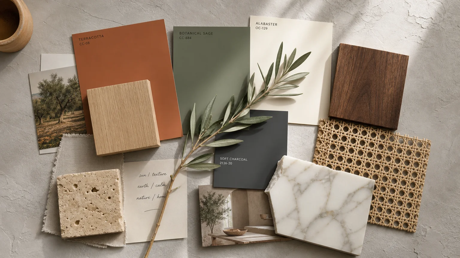 A comprehensive interior design mood board featuring multiple paint swatches, wood blocks, marble, rattan, and a dried olive branch.