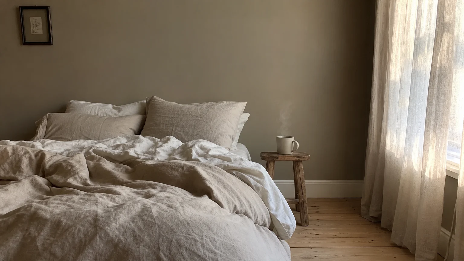 A cozy, casually made bed with linen sheets against a soft greige wall in gentle morning light.