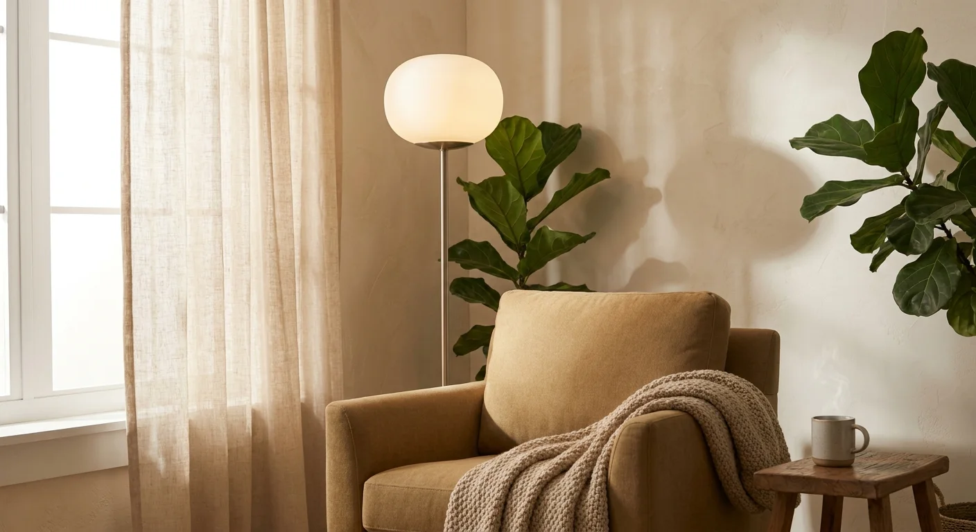 A cozy reading corner with a soft floor lamp, a sheer curtain filtering sunlight, and leafy indoor plants casting gentle shadows.