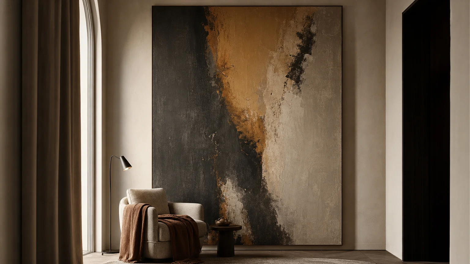 A cozy reading nook anchored by a massive abstract oil painting that spans nearly from the floor to the ceiling.