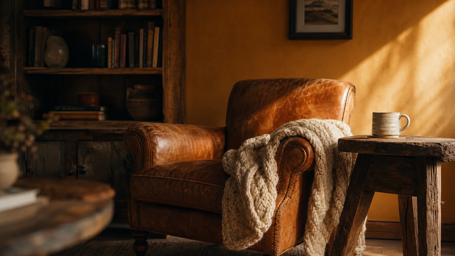 A cozy reading nook featuring an earthy ochre wall, a vintage tan leather armchair, and a dark oak side table.