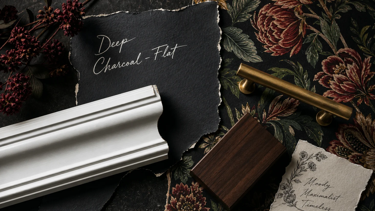 A dark mood board showing a 'Deep Charcoal' paint swatch, glossy white trim, brass hardware, and a dark green botanical wallpaper sample.