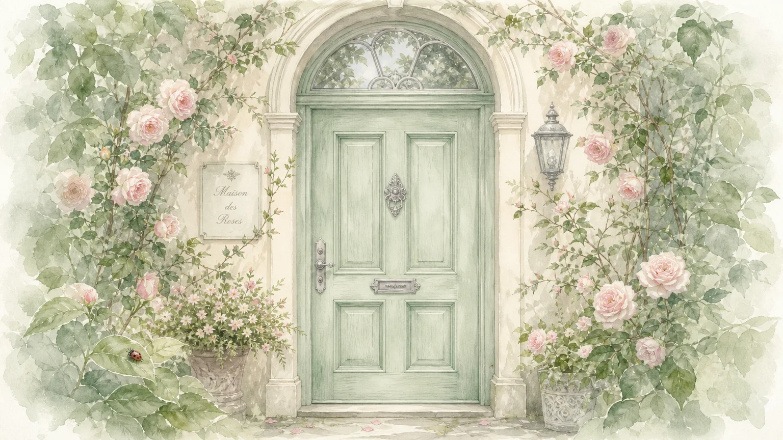 A delicate watercolor and gouache illustration of a pale sage door surrounded by soft pink roses and green vines.