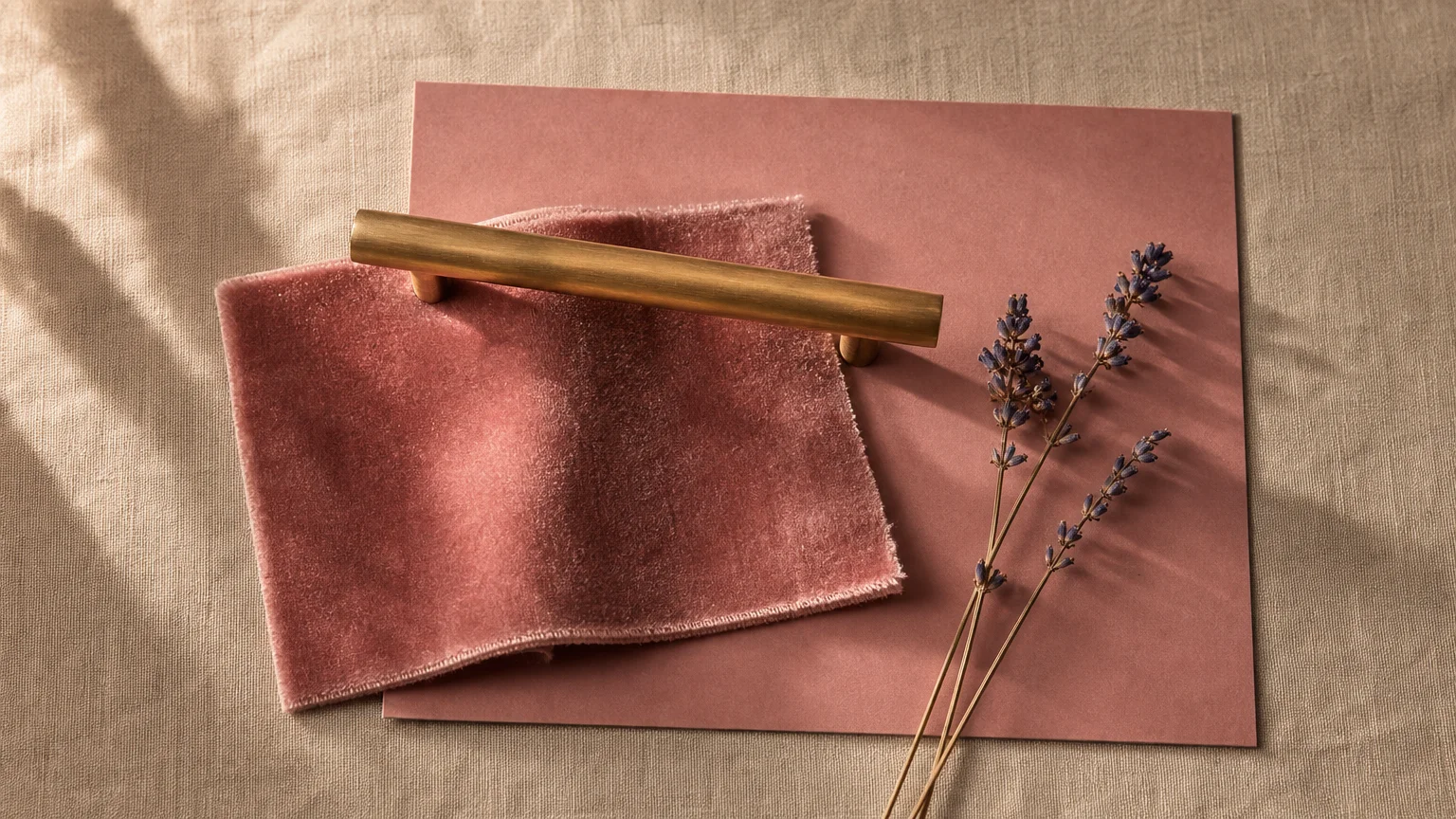 A design collage showing a dusty rose paint swatch, rose velvet fabric, a brass cabinet handle, and dried lavender.