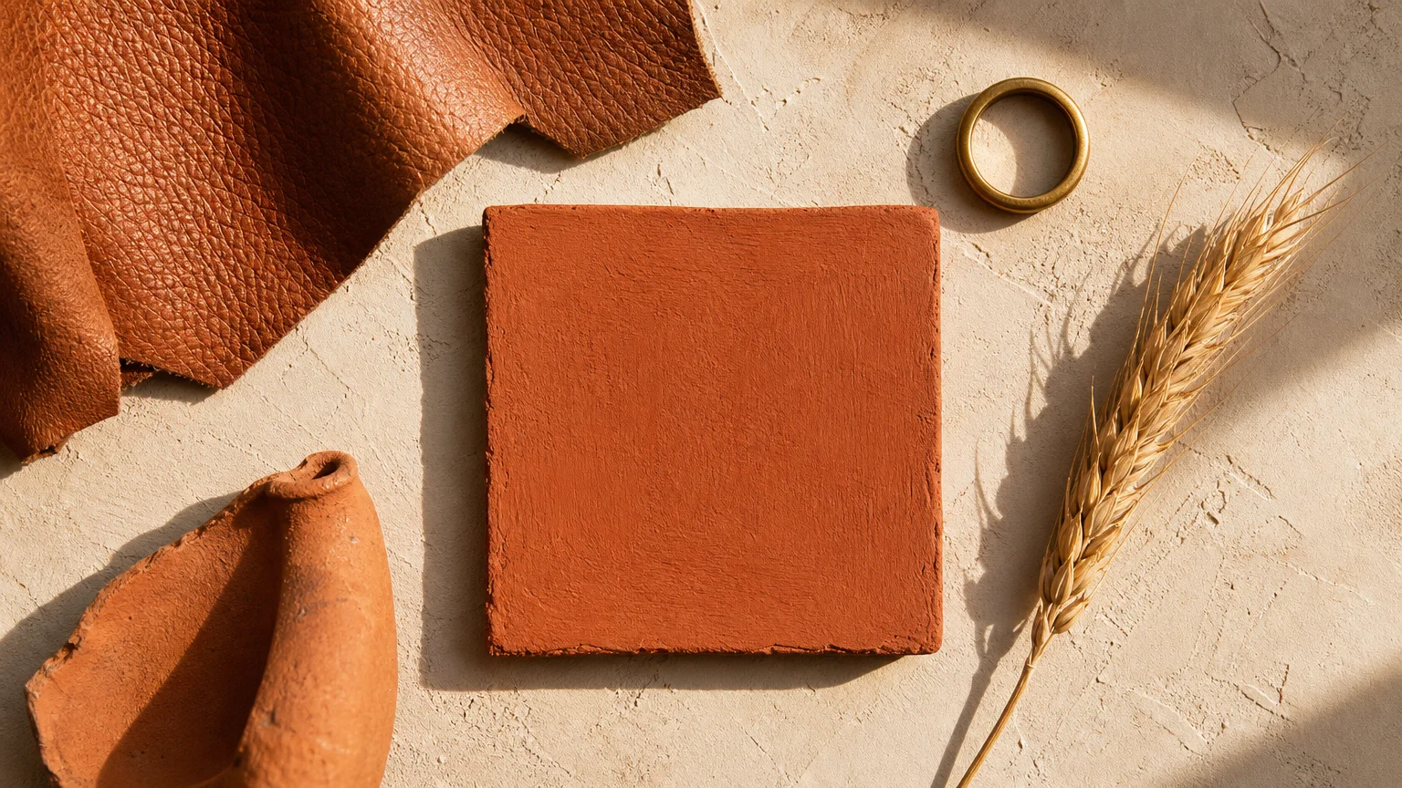 A design flat lay with a terracotta tile, cognac leather, raw pottery, and a dried wheat sprig on a plaster background.