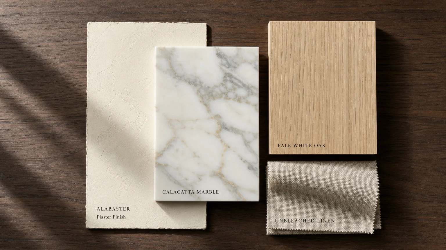 A design mood board showing a creamy alabaster paint swatch, a Calacatta marble slab, white oak wood, and coarse linen fabric.