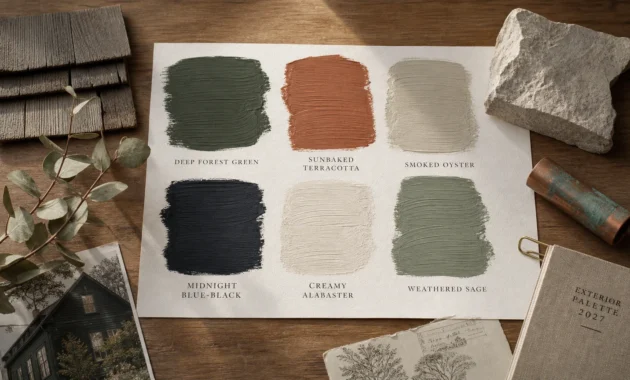 A designer's mood board featuring paint swatches in forest green, terracotta, and sage alongside natural wood and stone samples.