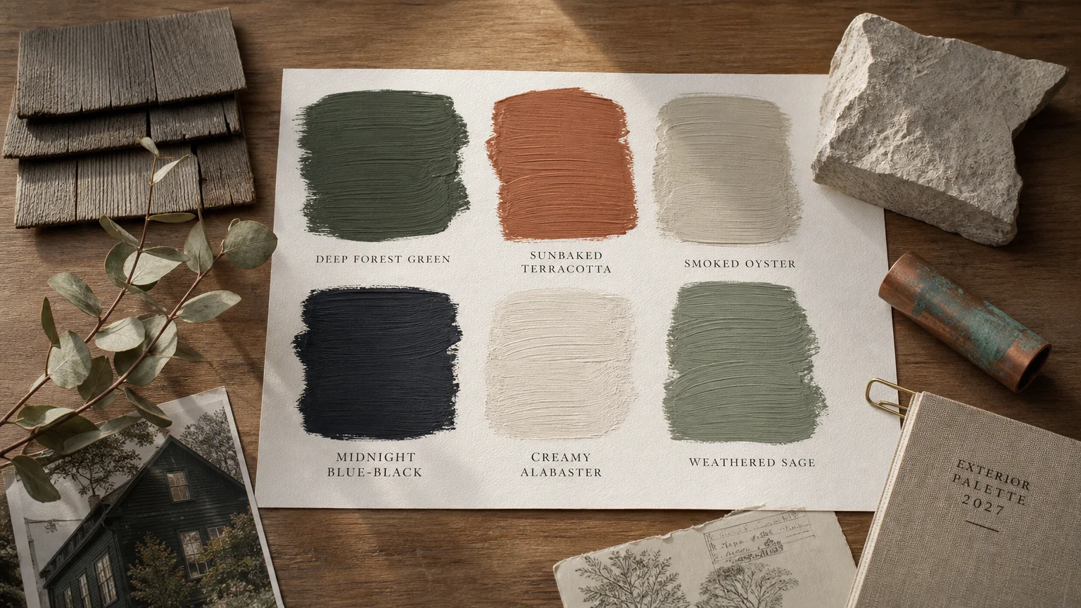 A designer's mood board featuring paint swatches in forest green, terracotta, and sage alongside natural wood and stone samples.