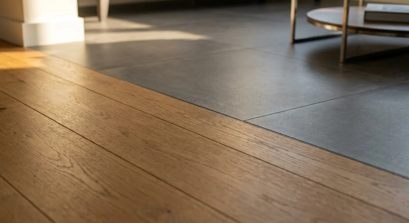 A detailed close-up of a seamless flush transition between wire-brushed oak wood planks and honed grey tile flooring.