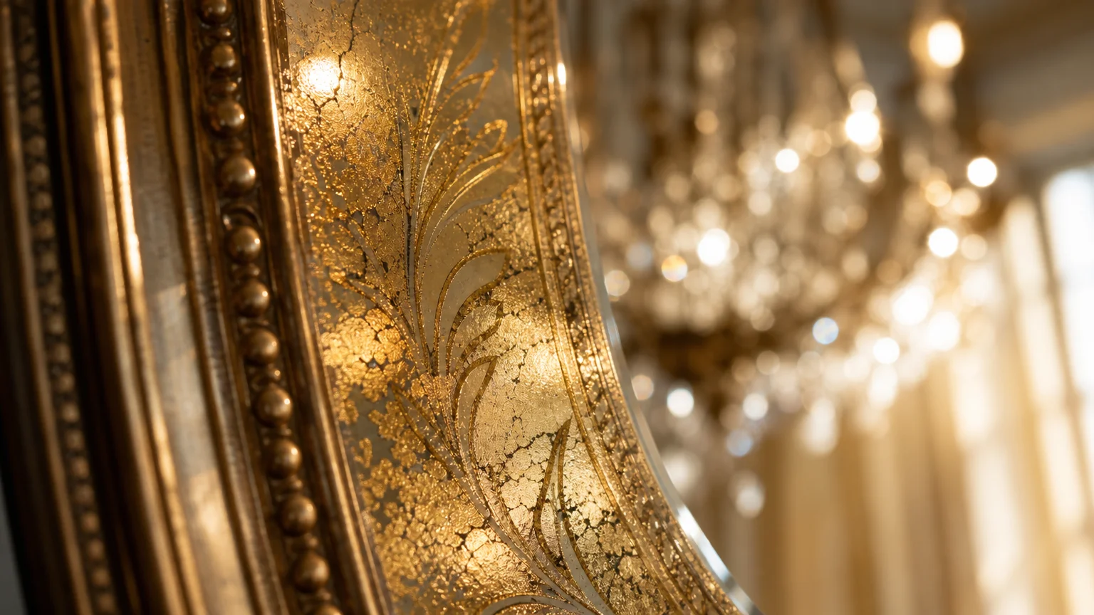 A detailed close-up of a verre églomisé mirror frame displaying gilded, distressed gold leaf hand-applied to glass.
