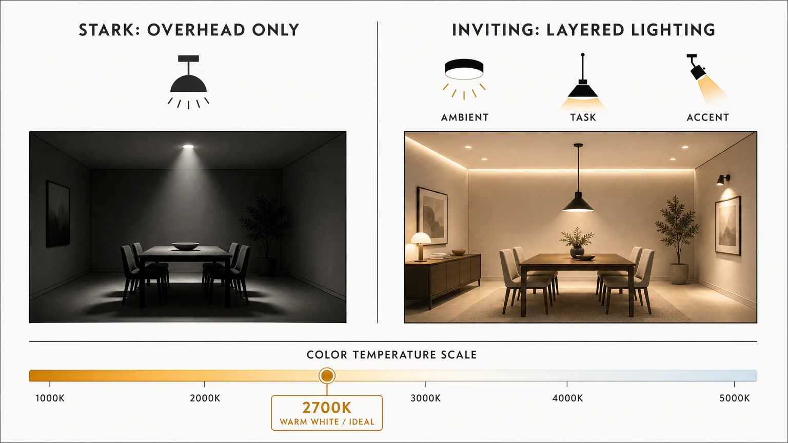 A diagram comparing harsh overhead lighting to a layered strategy with a focus on 2700K warm color temperature.