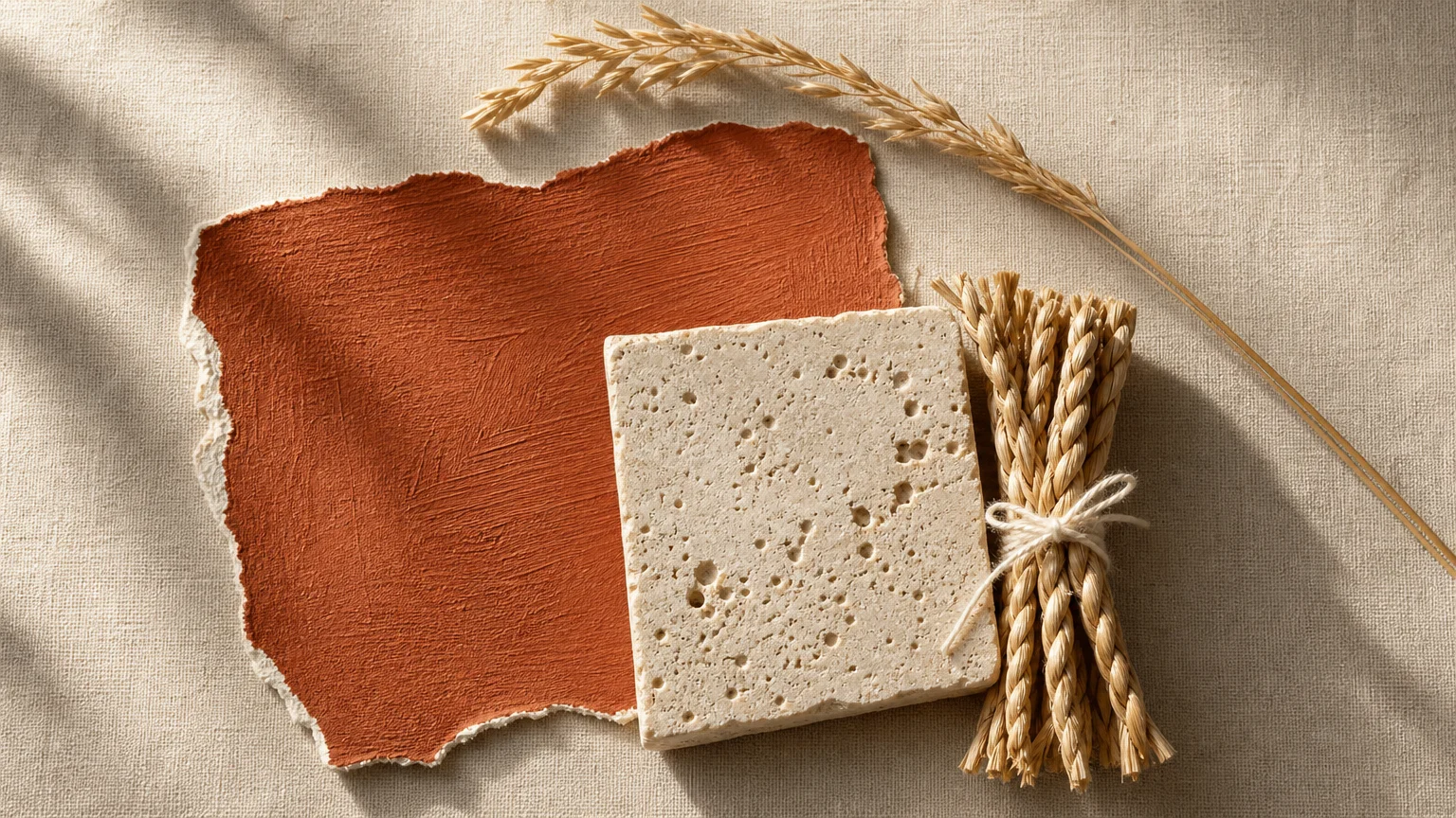 A flat lay mood board featuring a matte terracotta paint swatch, a travertine stone tile, woven seagrass, and a stalk of dried wheat.