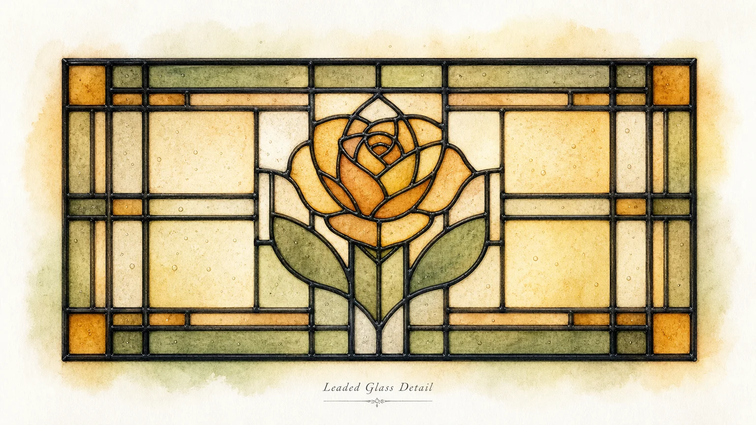 A geometric stained glass window illustration with amber and sage green floral patterns.