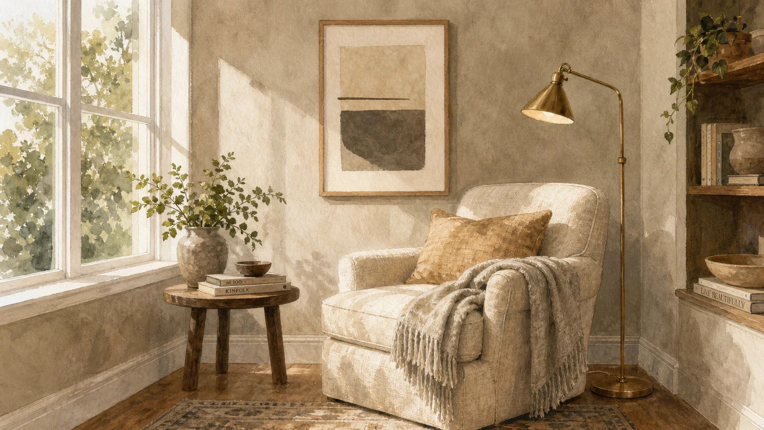 A gouache illustration of a cozy reading corner with luminous greige walls, an oatmeal armchair, and a brass floor lamp.