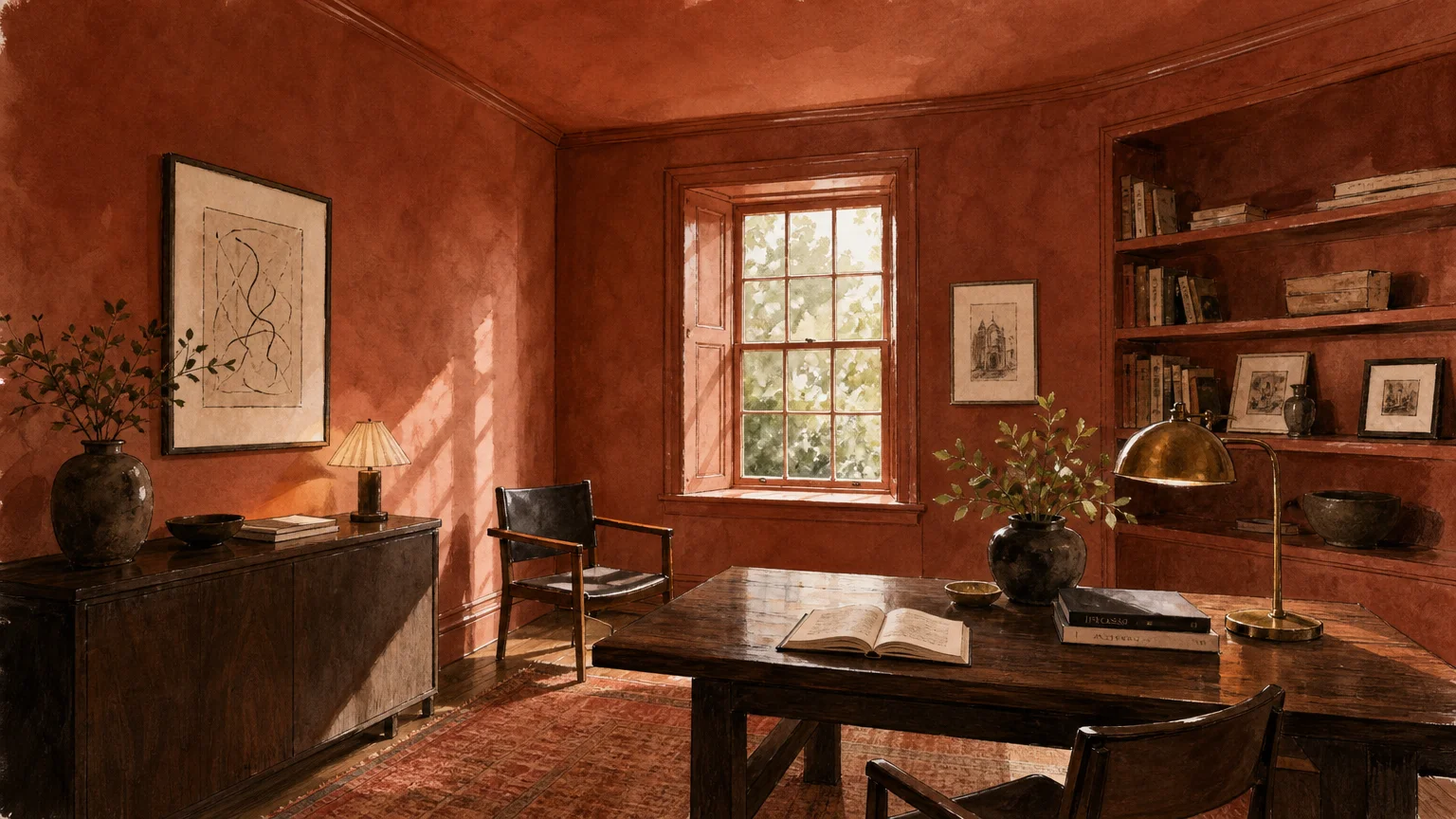 A gouache illustration of a cozy room painted entirely in a single muted terracotta hue, blending walls, trim, and ceiling.
