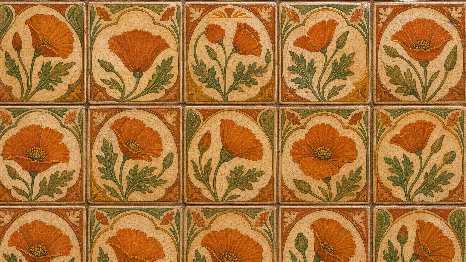 A gouache illustration of a floral tile pattern in terracotta and green with a hand-painted look.