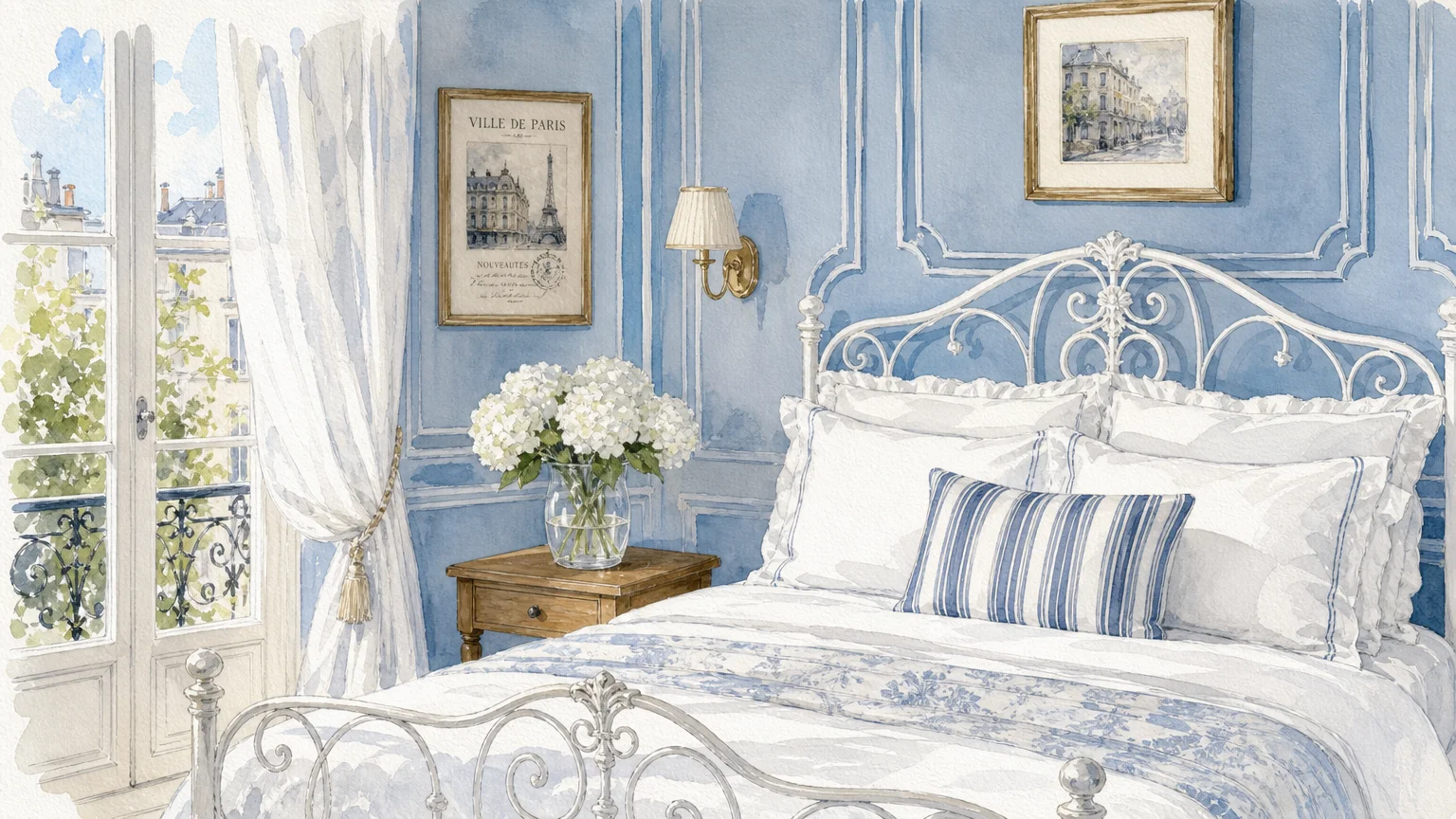 A gouache illustration of a French bedroom with classic blue paneled walls, a wrought-iron bed, and white hydrangeas.