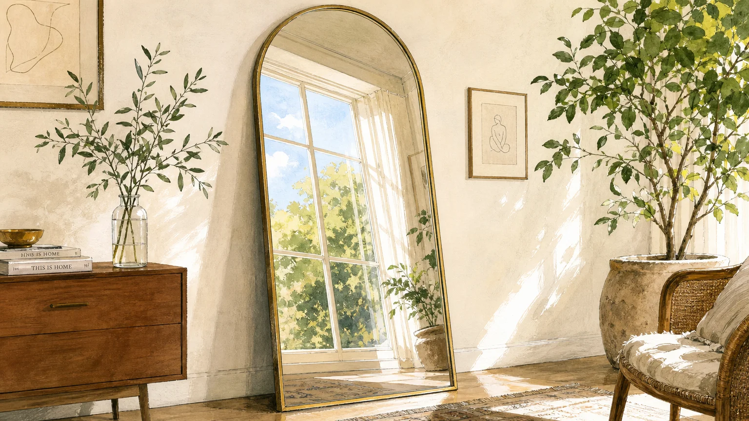 A gouache illustration of a large arched mirror reflecting a bright window with green foliage, doubling the visual space.