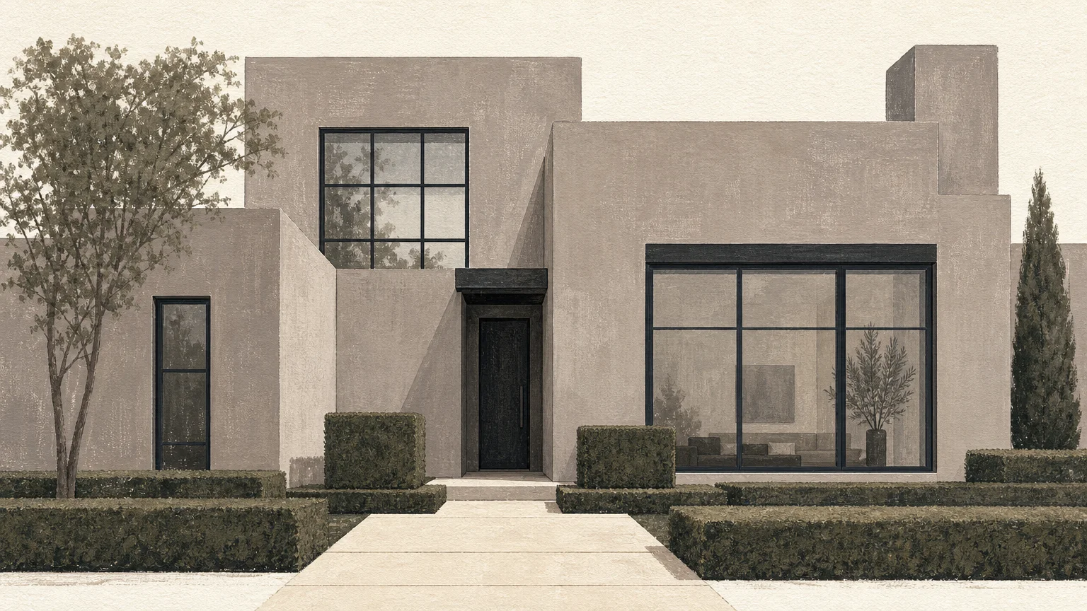 A gouache illustration of a modern house painted in Smoked Oyster, a sophisticated warm greige color.