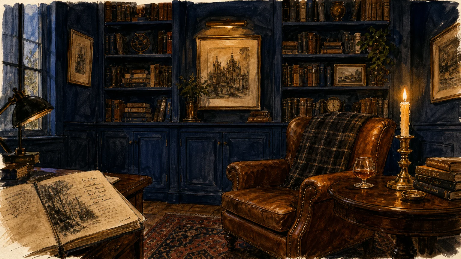 A gouache illustration of an intimate library with deep navy blue walls, a cognac leather chair, and a glowing brass candlestick.