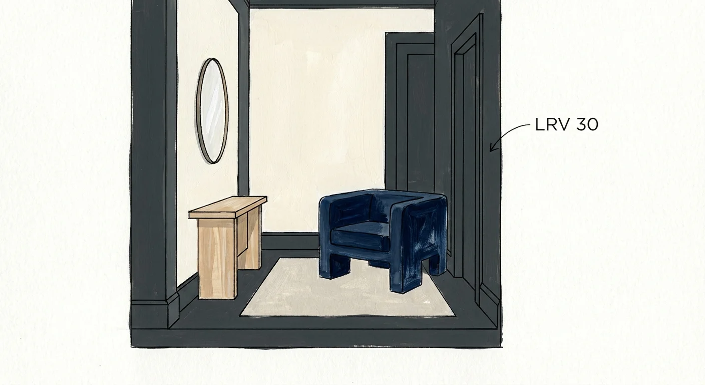 A gouache illustration showing a room with high-contrast charcoal baseboards against white walls and a navy chair.