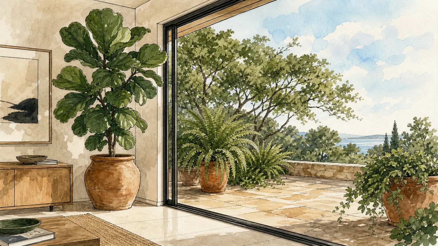 A gouache illustration showing indoor plants transitioning seamlessly to an outdoor terrace, blurring the boundary between them.