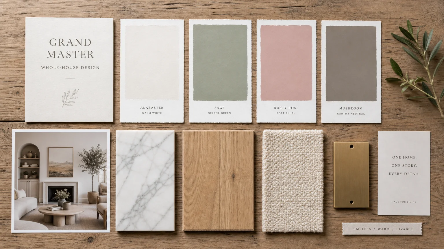 A grand design mood board with paint swatches of alabaster, sage, dusty rose, and mushroom, alongside wood, marble, and fabric samples.