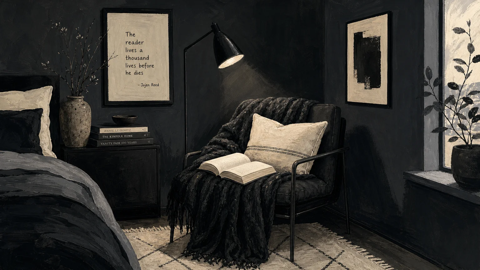A graphic gouache illustration of a cozy charcoal-gray reading nook with an iron-black wool blanket and a reading light.