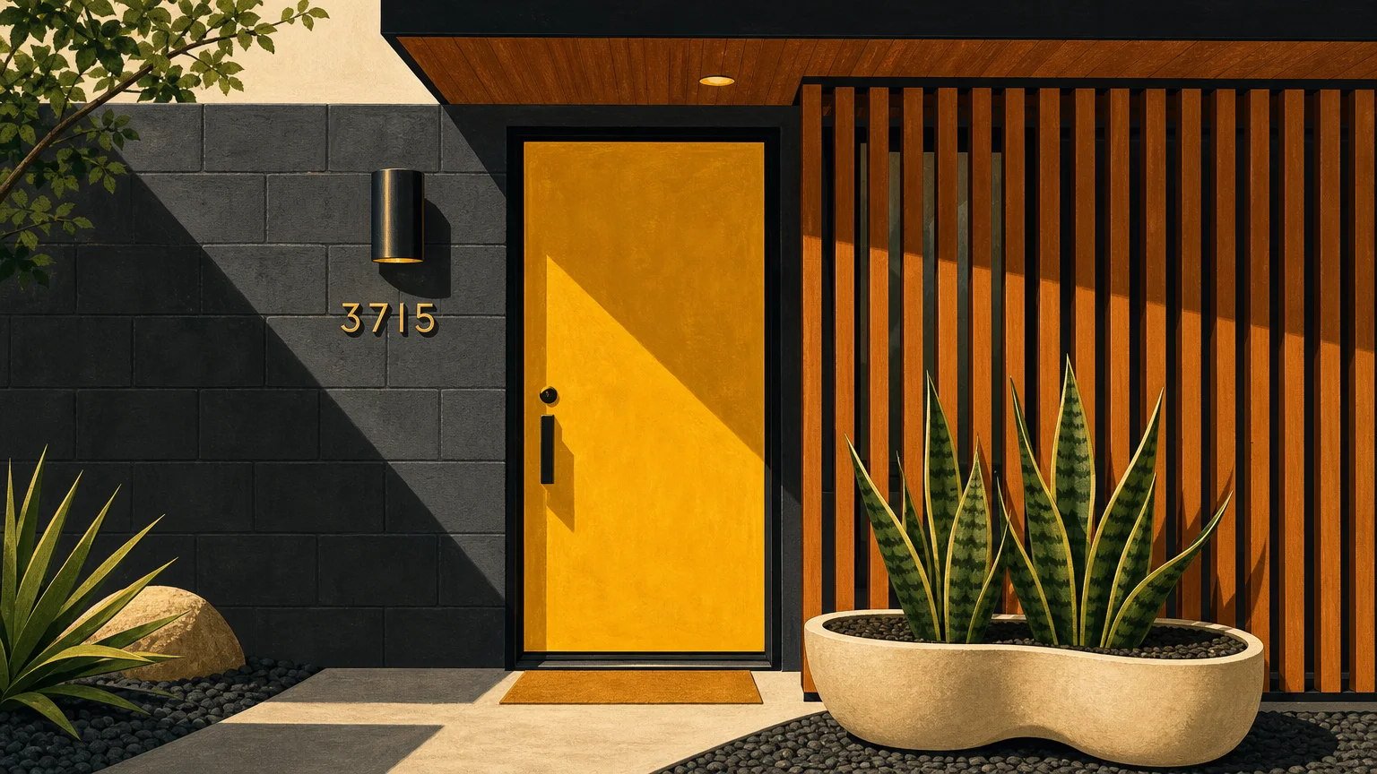 A graphic mid-century modern illustration featuring a bold mustard yellow door against a dark gray wall.