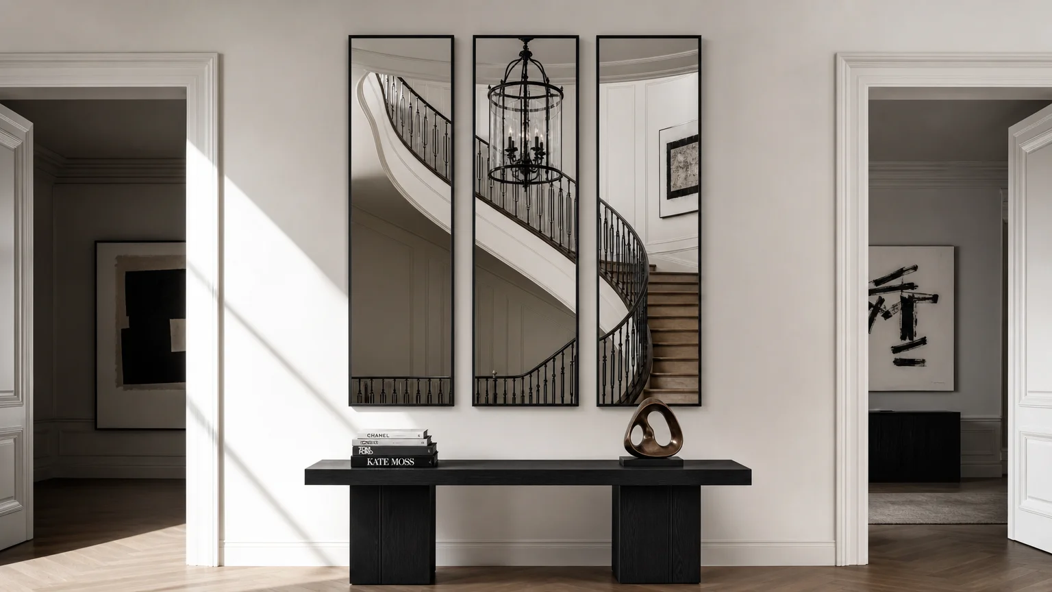 A hallway console table beneath a three-panel modern black-framed triptych mirror showing segmented reflections of a staircase.