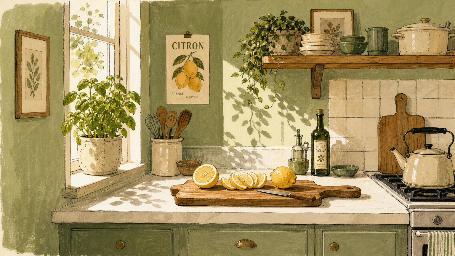 A hand-painted gouache illustration of a small kitchen with sage green cabinets, a wooden cutting board, and a potted plant on the windowsil