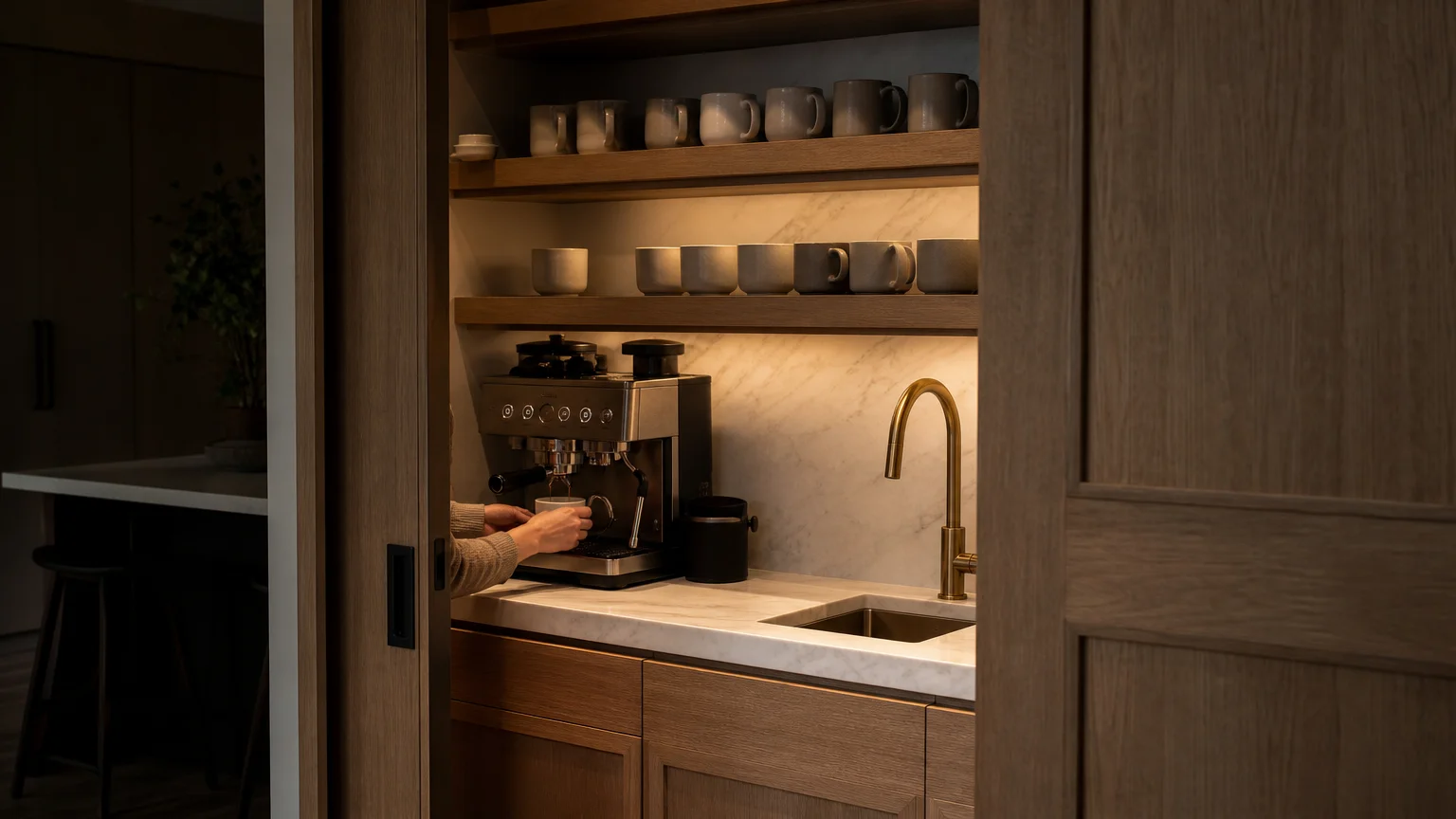 A hidden coffee station and prep counter nestled behind sliding oak pocket doors in a modern kitchen.
