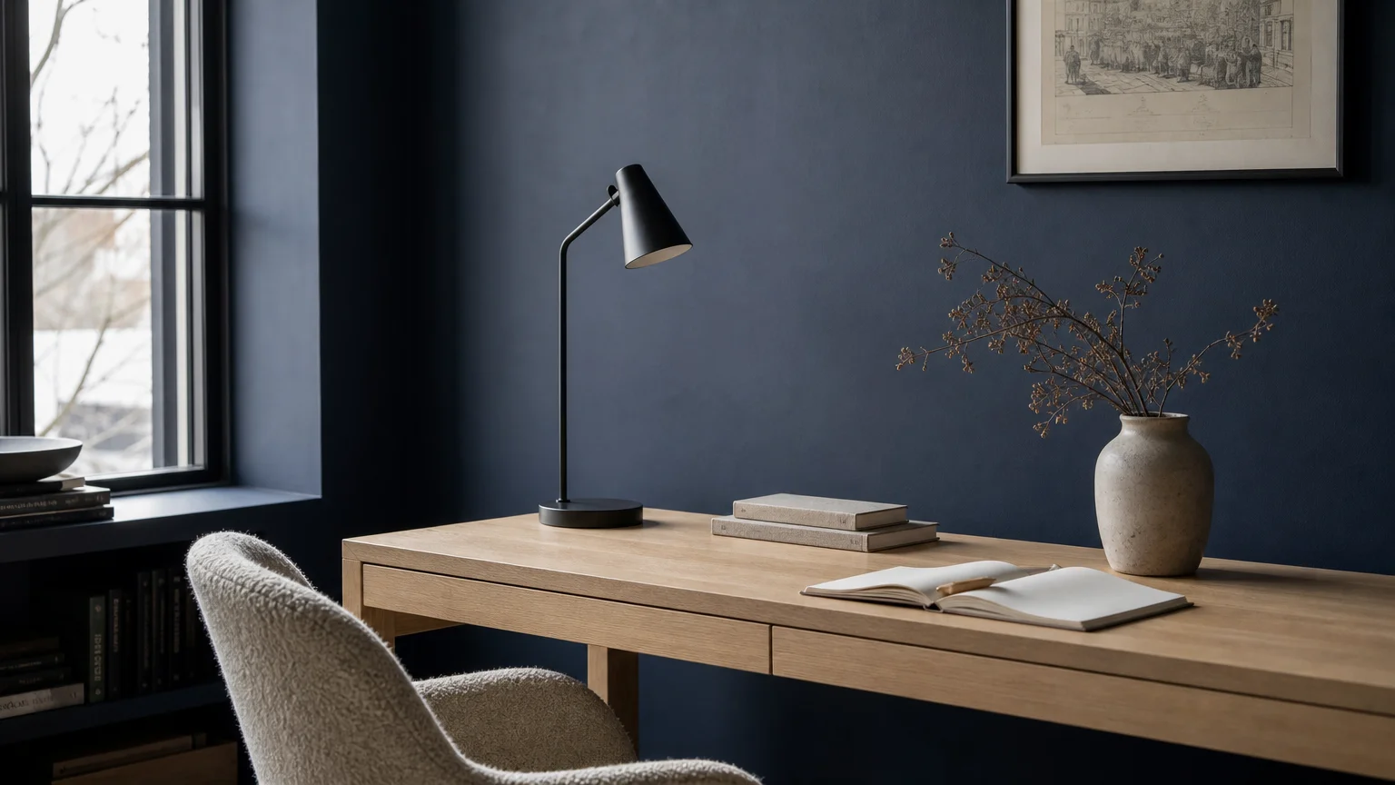 A home workspace featuring a muted indigo wall, a light white oak desk, a black lamp, and a textured boucle chair.