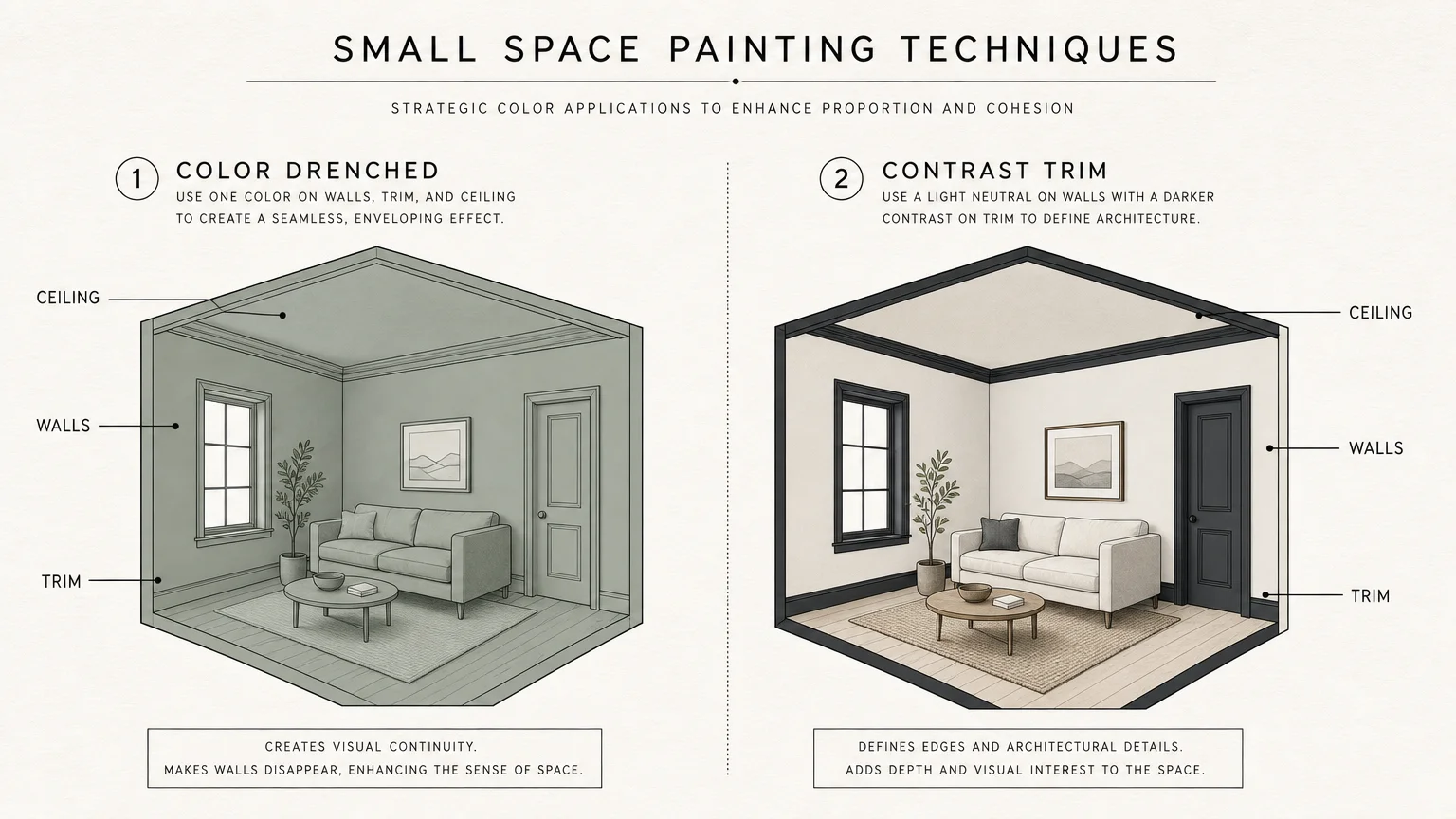 A horizontal architectural diagram showing two painting techniques for small spaces: Color Drenched and Contrast Trim.