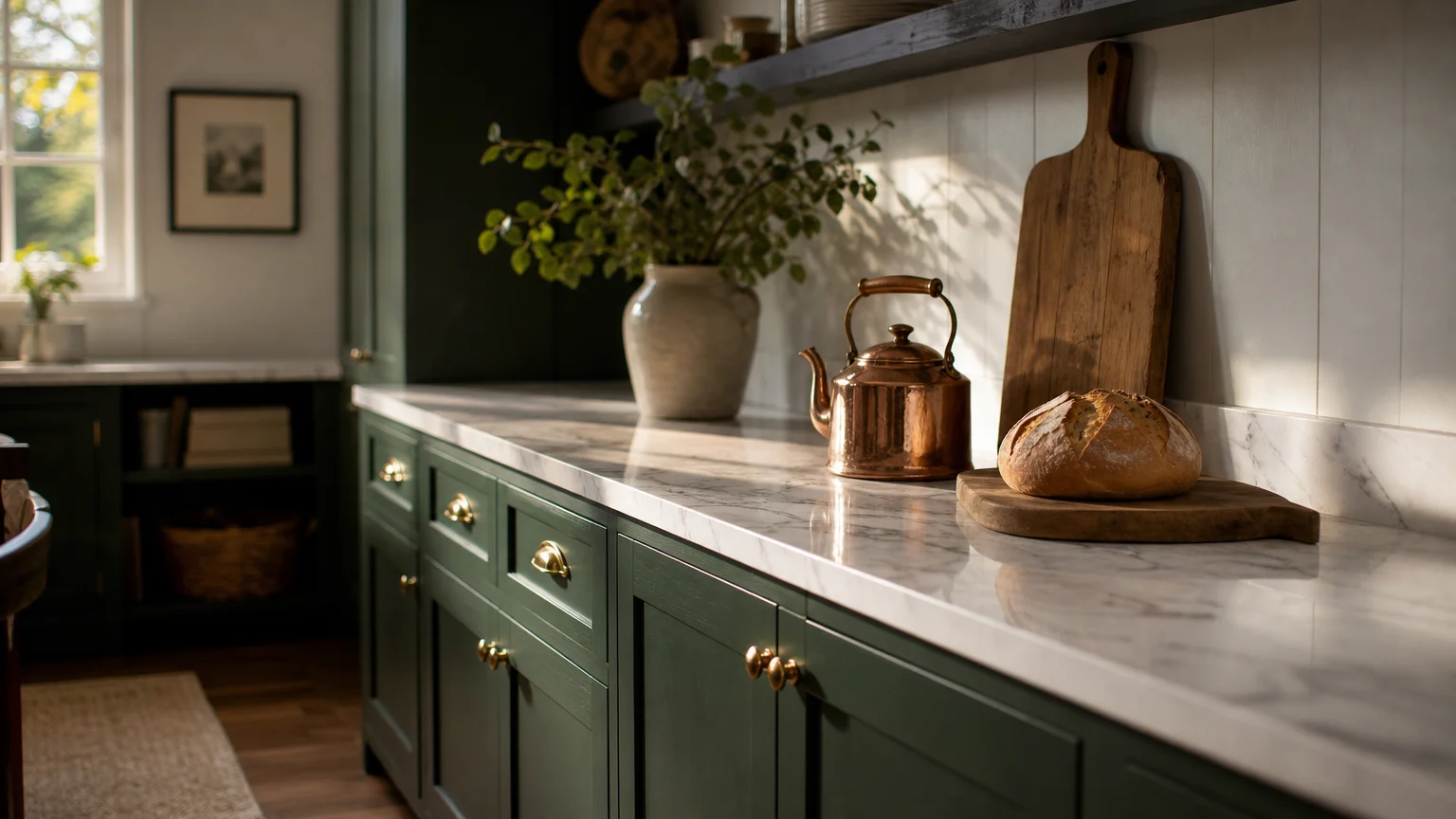 A kitchen featuring deep forest green cabinets, a white marble countertop, brass hardware, and a copper kettle in morning light.