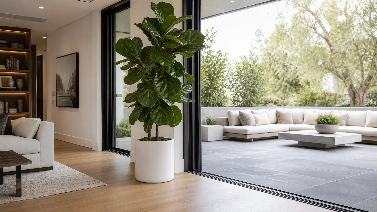 A large fiddle leaf fig tree stands at the open glass door transition between a living room and a modern patio.
