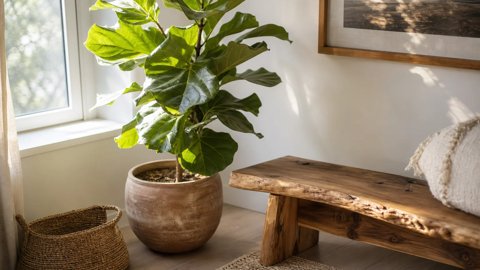 A large green plant in a clay pot next to a natural wood bench in a sunlit room.