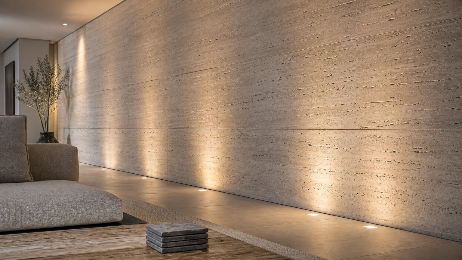 A large wall covered in textured travertine stone panels, illuminated by soft lighting to highlight the natural material.