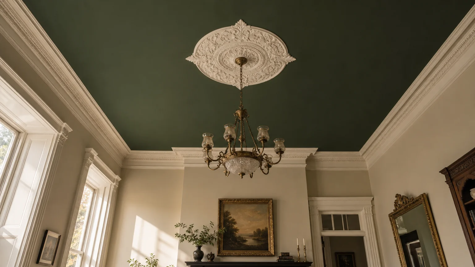 A low-angle photograph of a historic room with a stunning deep forest green ceiling, white molding, and cream walls.